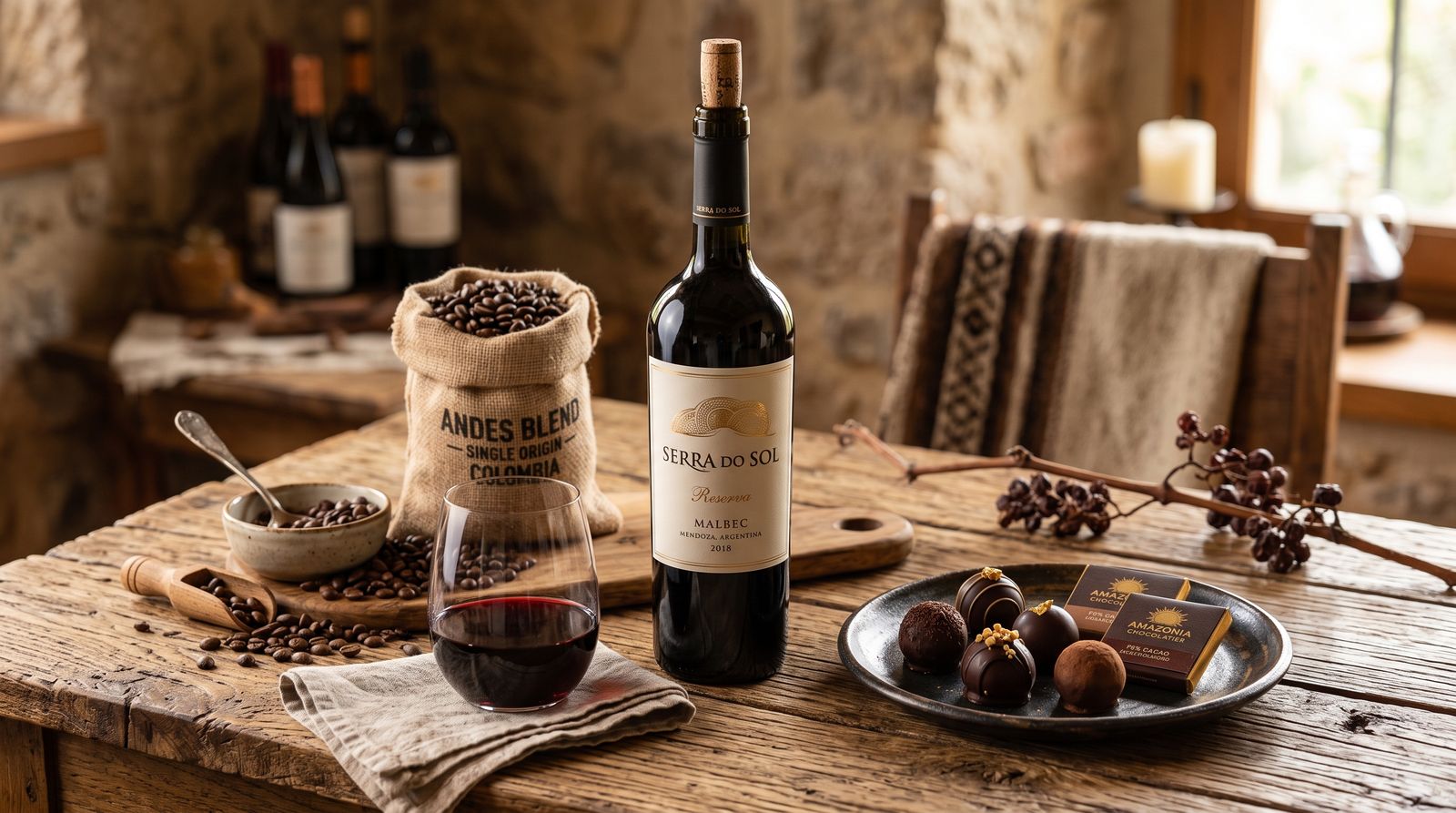 Argentine Malbec, Colombian coffee beans and dark chocolate truffles on a rustic wooden table
